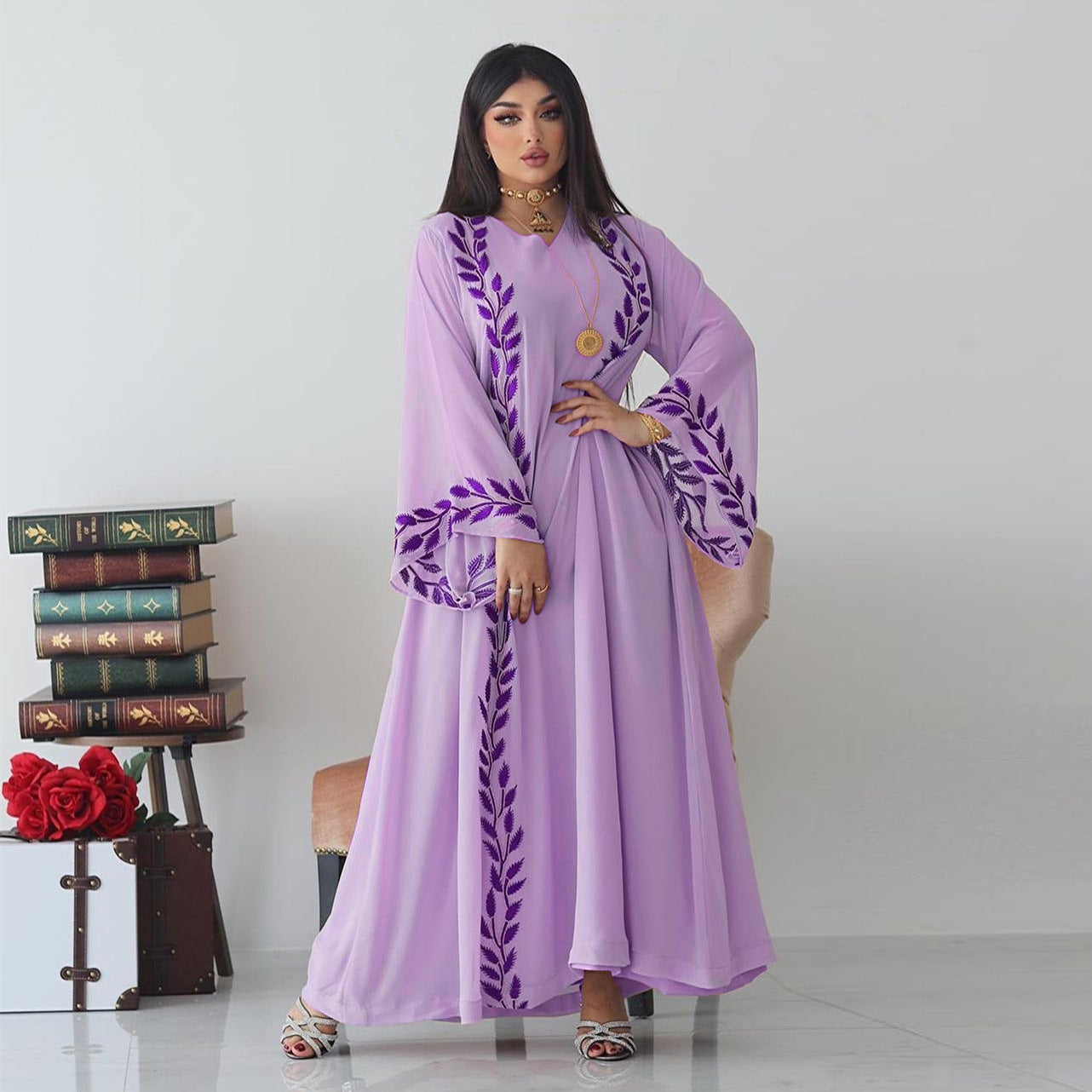 Chiffon Long Islamic Embroidered Crew Neck Dress With Headscarf