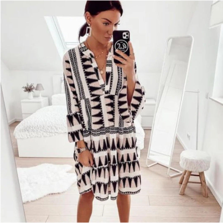 Geometric Print V-neck Casual Dress