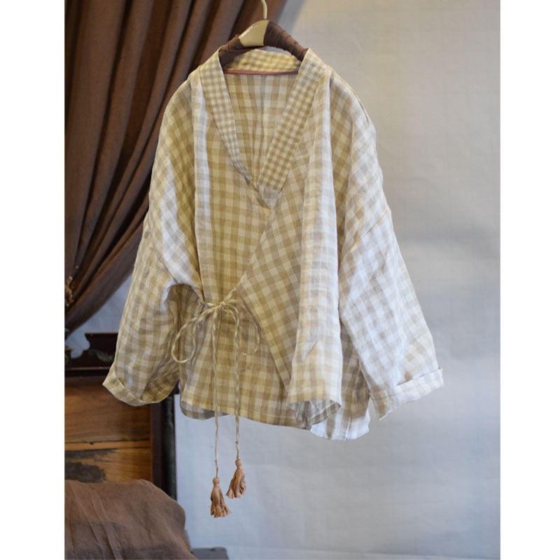 Pure Linen Lace-up Tassel Women's Shirt Top