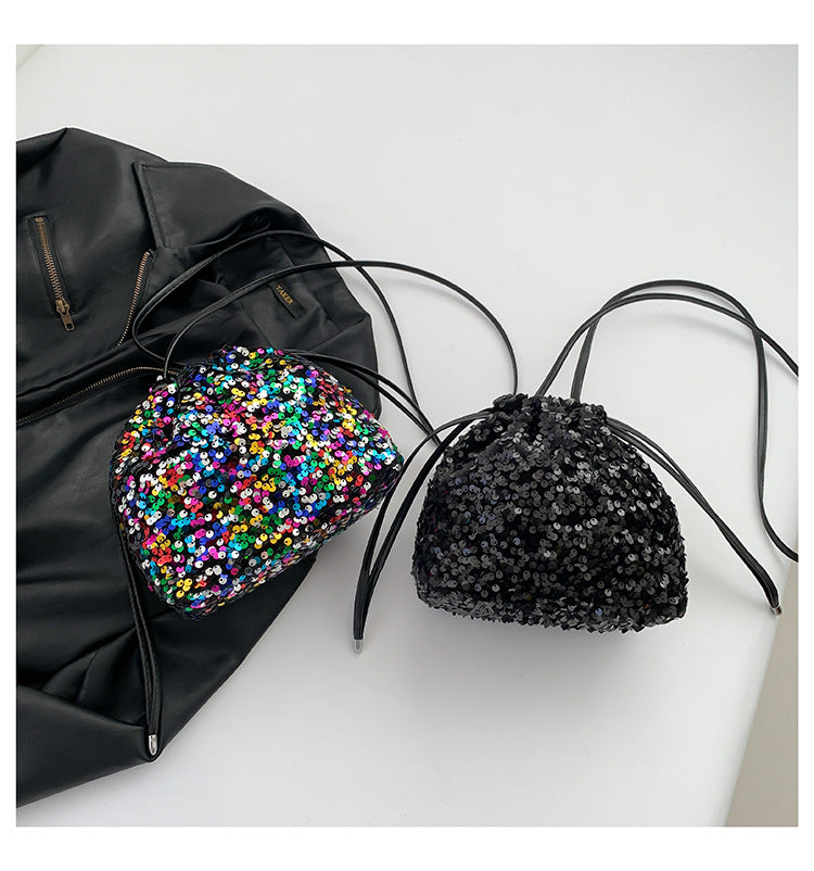 Crossbody Drawstring Pleated Design Soft Color Sequin Bag