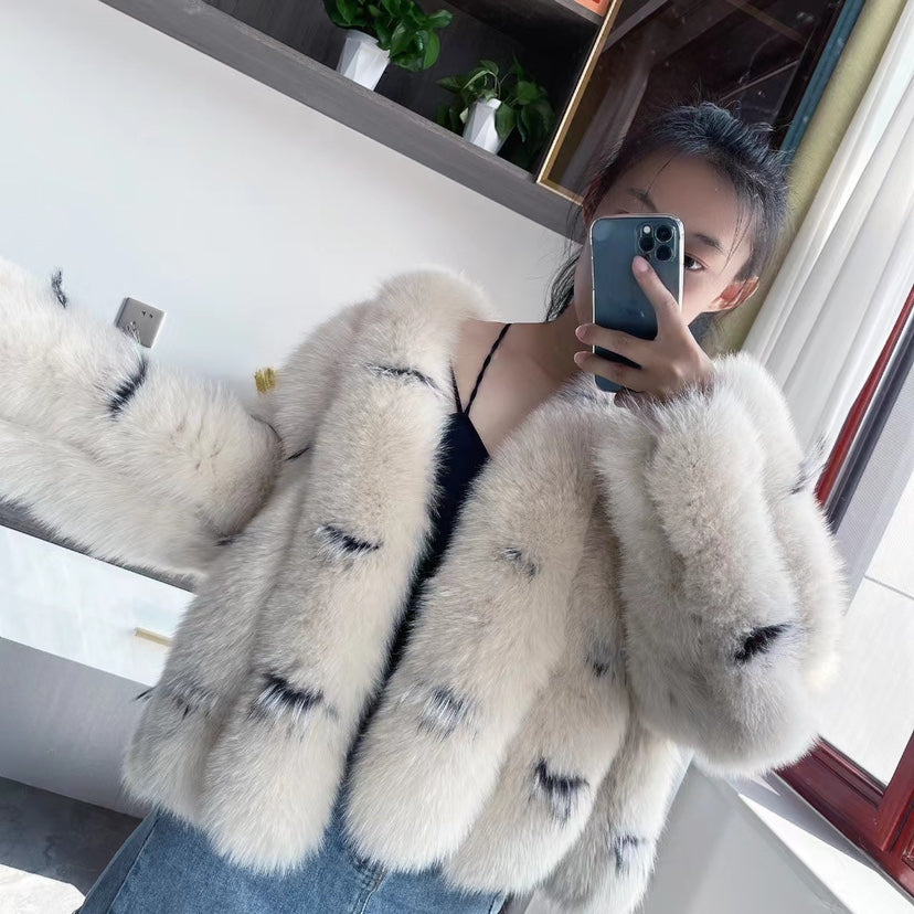 Whole Fox Fur Coat in Black, Pink & Apricot, Sizes S-XL