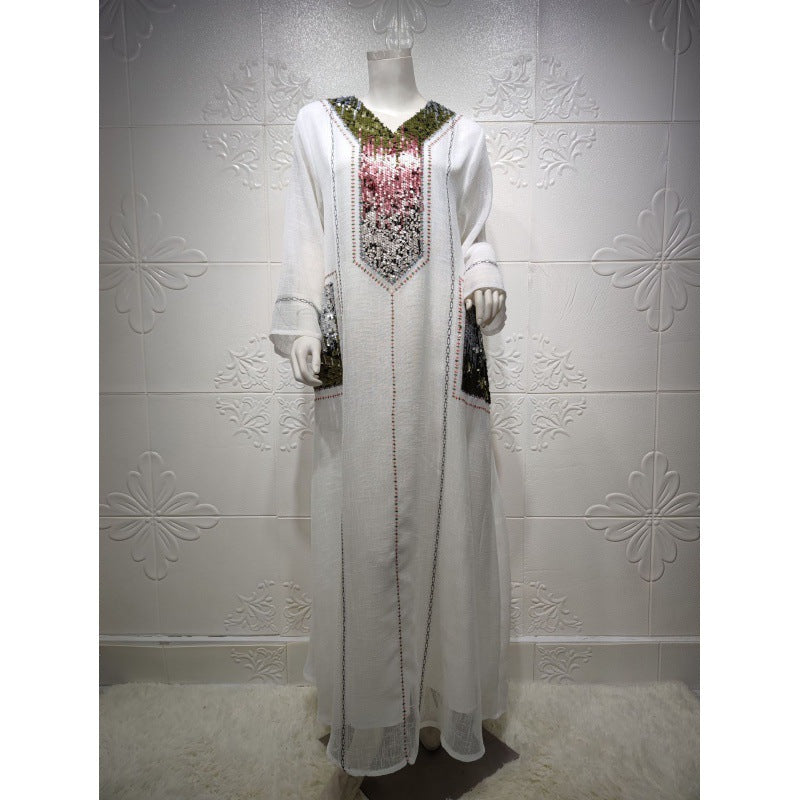 V-Neck Embroidered Sequin Arabian Women's Loose Dress