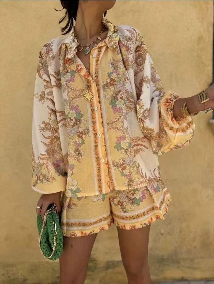 Stand-up Collar Puff Sleeve Single-placket Printed Shorts Suit