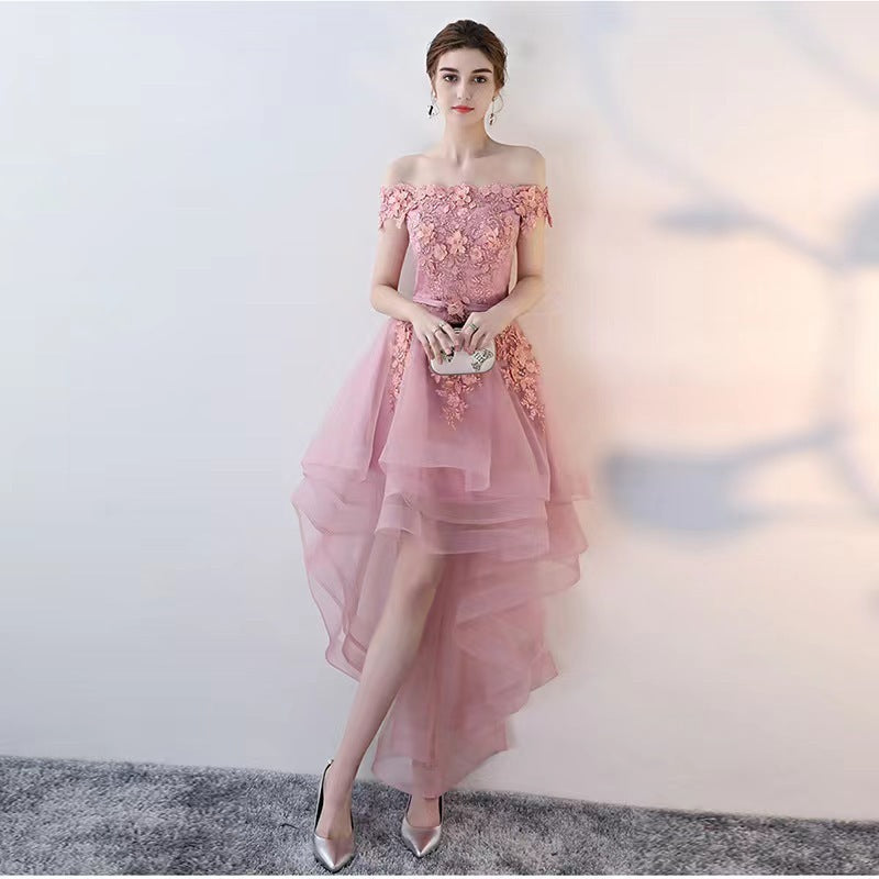 One-shoulder Swallowtail Bean Paste Color Dress With Short Front And Long Back