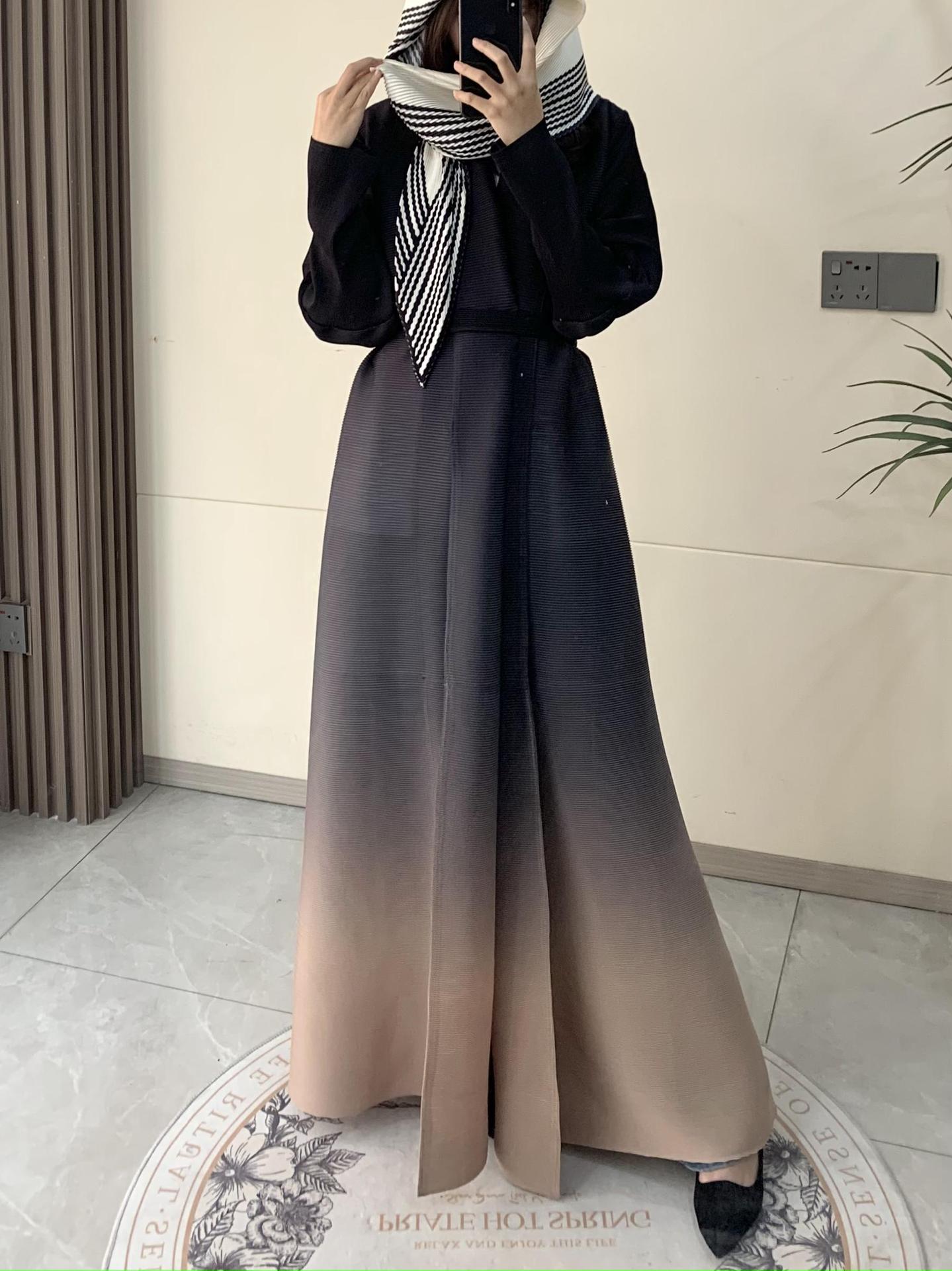 Pleated Print Fashionable All-match Lace-up Loose Arabian Abaya Robe