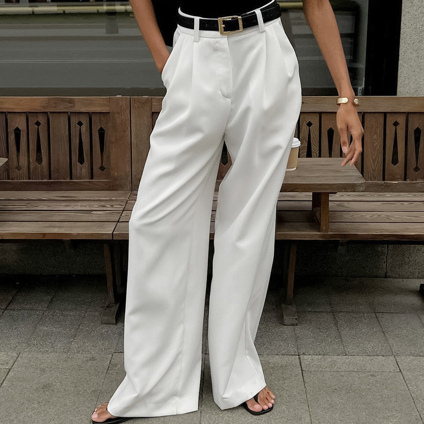 White High-Waist Straight-Leg Casual Pants