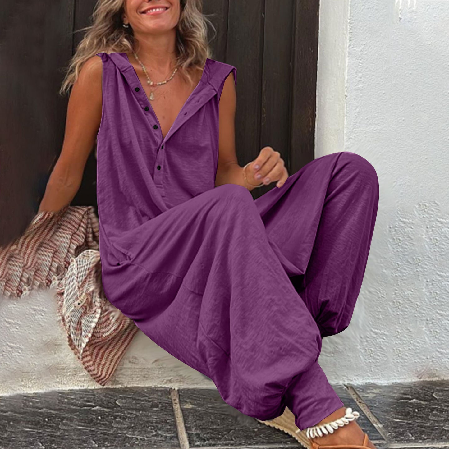 Hot Selling Button Up Hooded Sleeveless Pants In Stock Jumpsuit And Baggy Pants