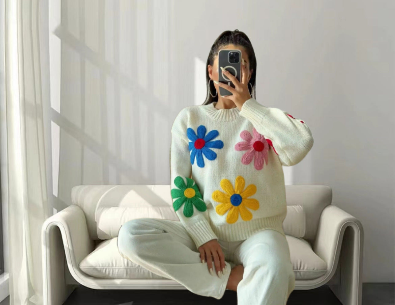 European & American Colorful Little Flower Thick Cute Sweater Coat