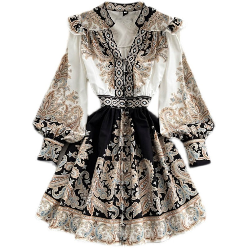 Women's V-neck Lantern Sleeve Printed Dress
