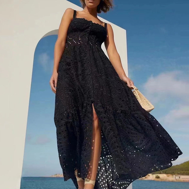 Women's Spaghetti-strap Ruffle Embroidered Hollow Lace Dress