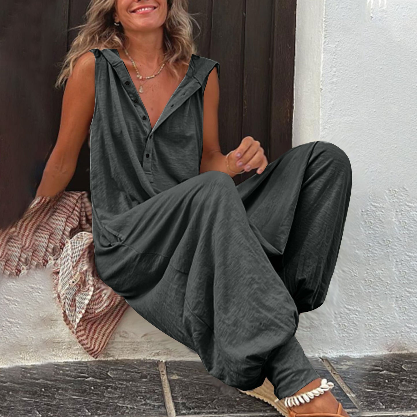 Hot Selling Button Up Hooded Sleeveless Pants In Stock Jumpsuit And Baggy Pants