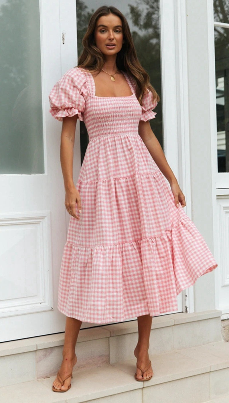 Plaid Dress Square Collar Puff Sleeve High Waist