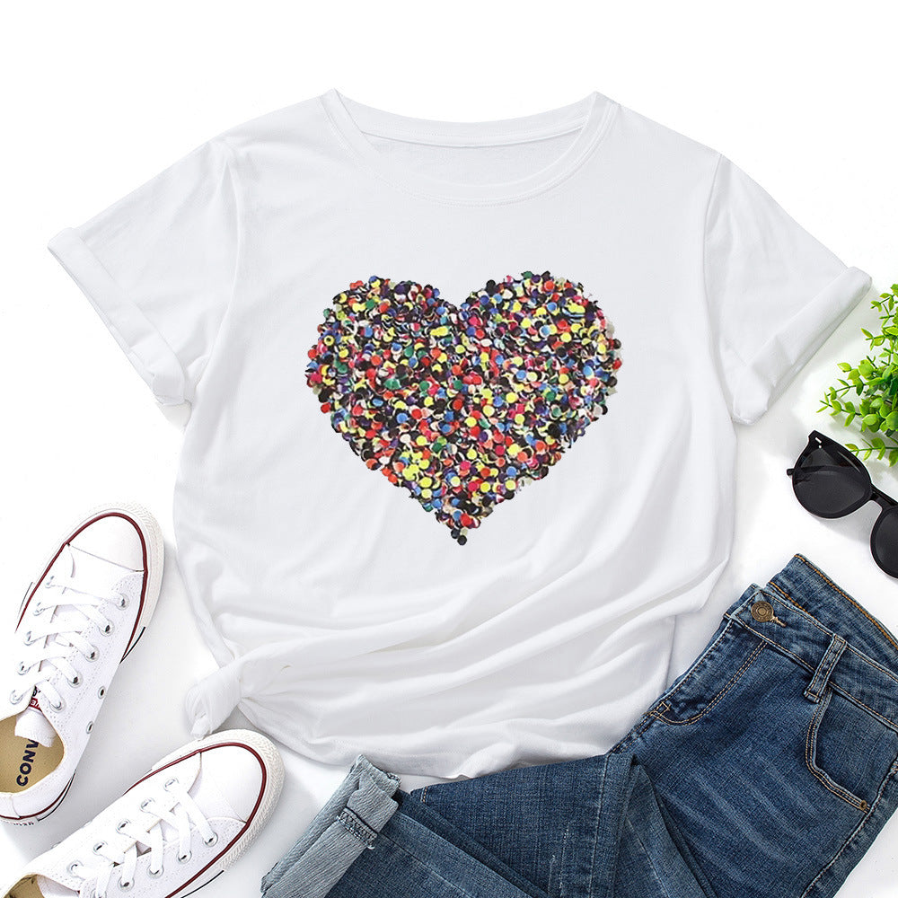 Creative Love Cotton Loose Round Neck Short Sleeve T-Shirt Women