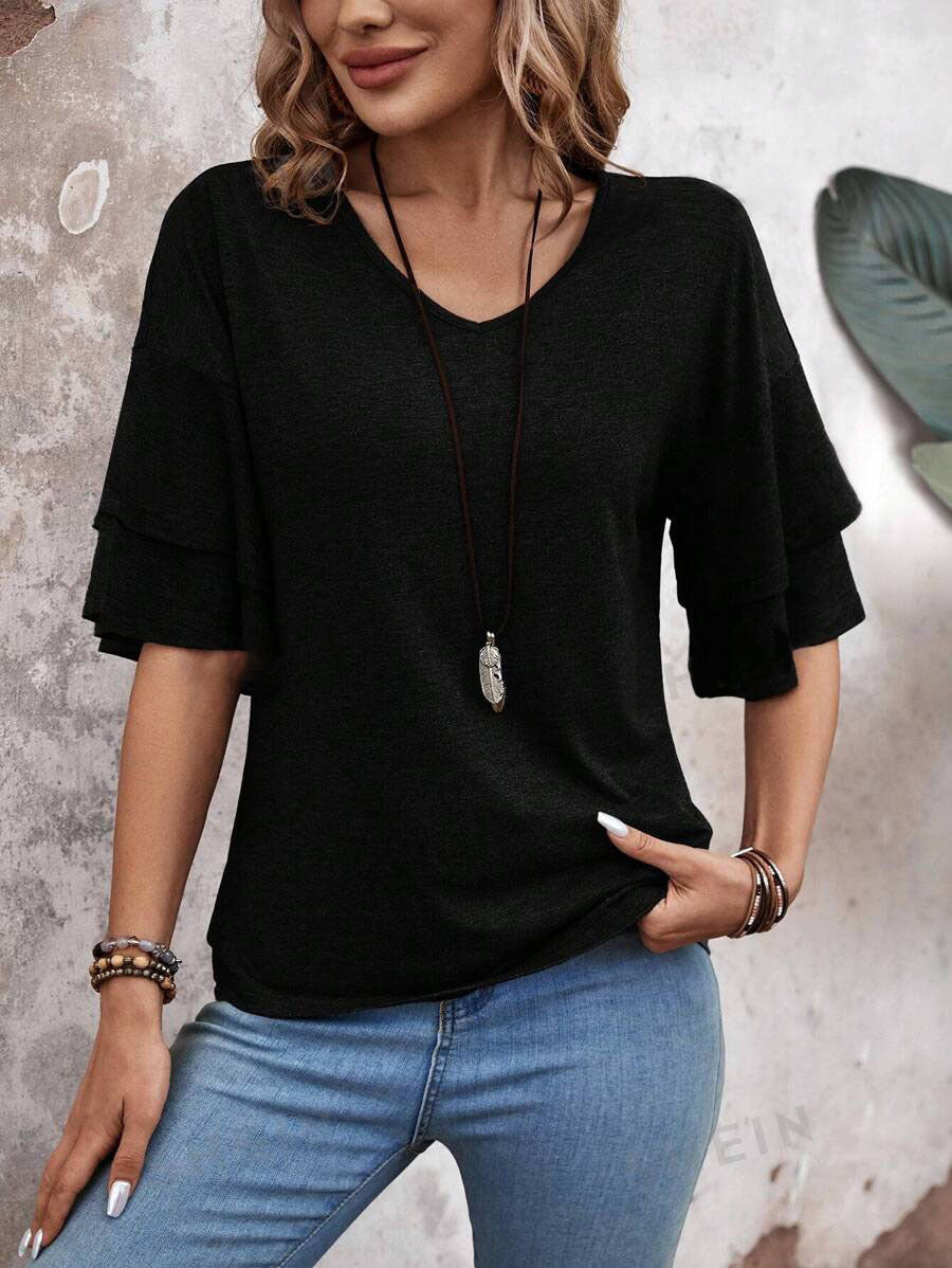 Loose V-neck Ruffle Sleeve T-shirt Fashion Solid Mid-sleeve Tops