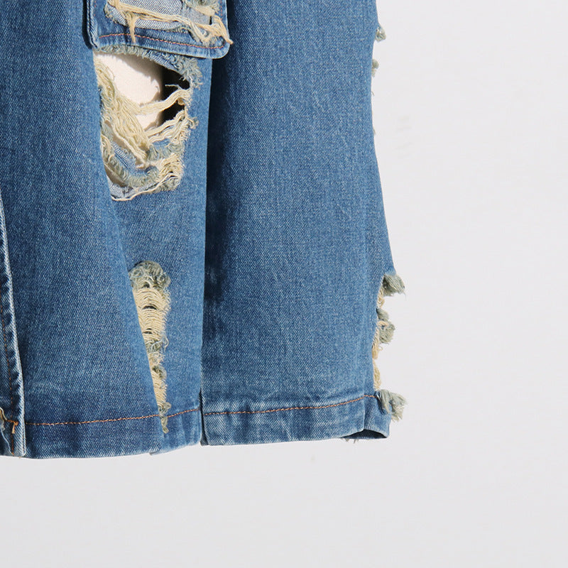 European And American Style Street Lapel Ripped Edging One Button Loose Large Version Denim Coat