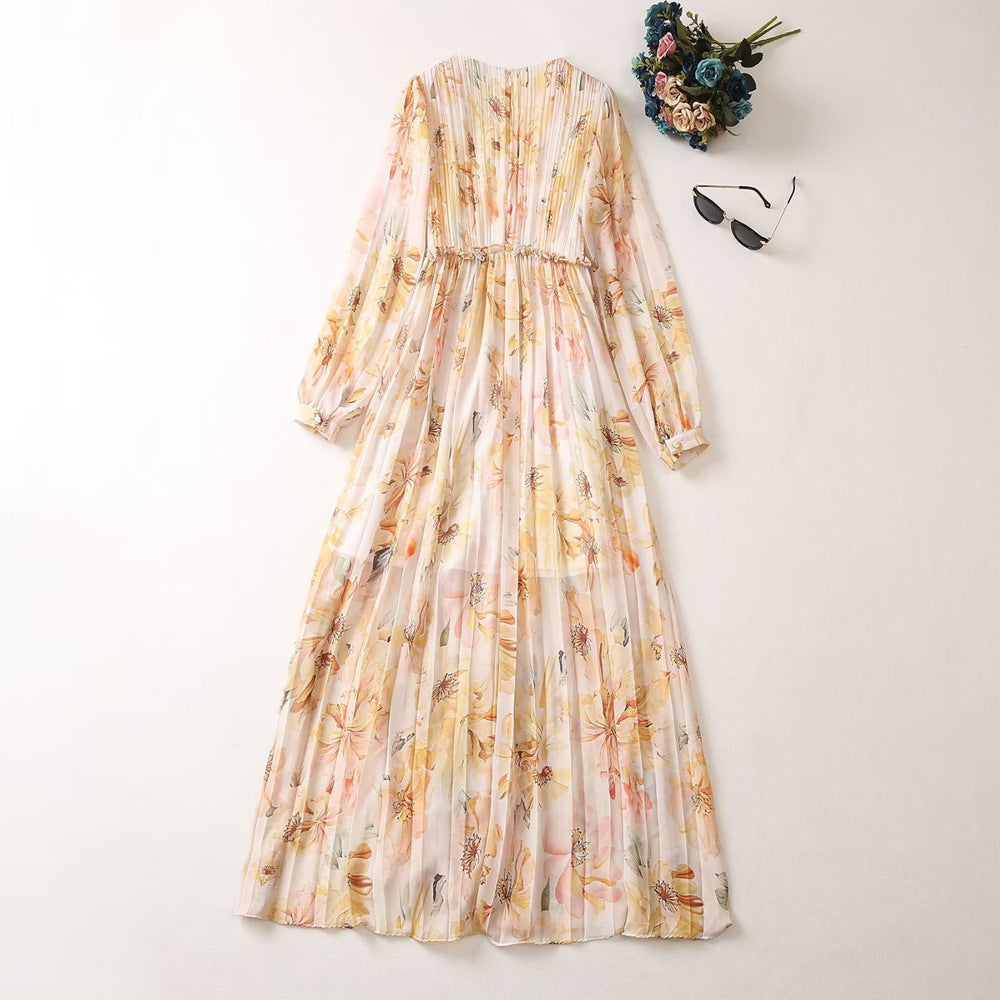 Classy Women's V-neck Lantern Long Sleeved Printed Pleated Dress