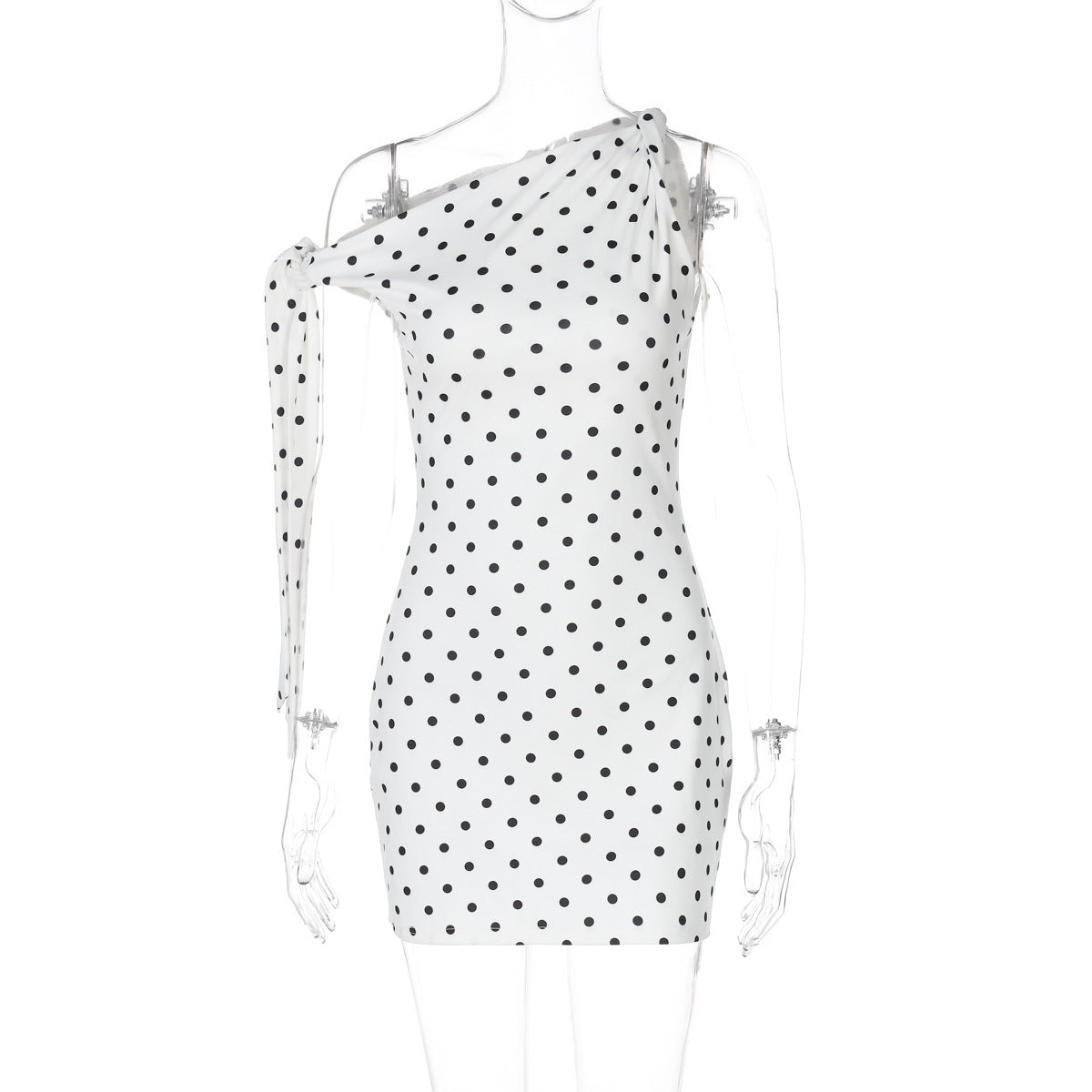 Fashion Sexy Polka Dot Print Oblique Shoulder Lace Up Slim Fit Hip Bag Dress