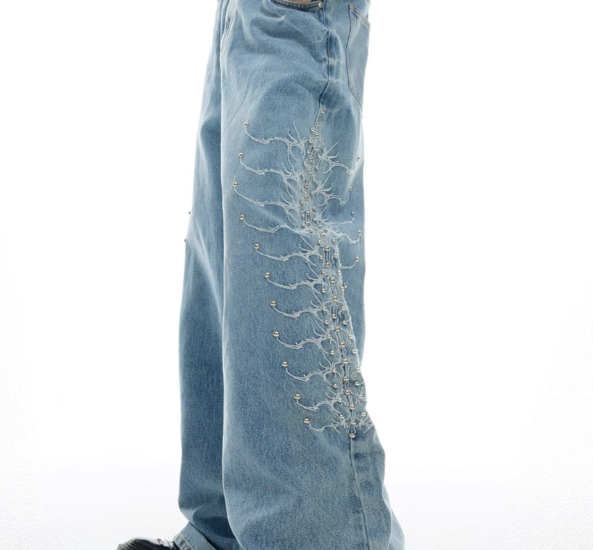 Niche Retro Washed Backbone Metal Rivet Design Jeans