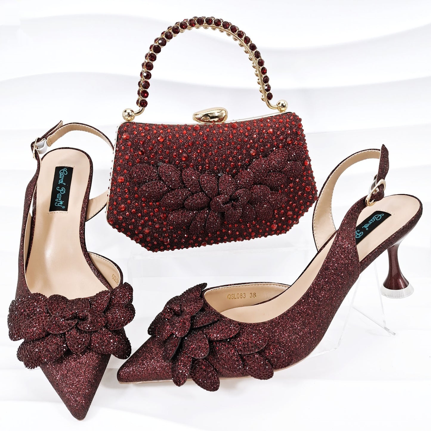 Ladies Party Shoes Bag Set Handmade Leaf Decorative Wine Glass Heel