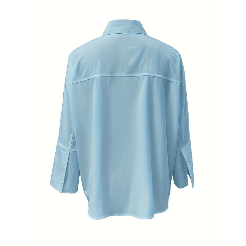 Women's Solid Color Fashion V-Neck Blouse - Puff Sleeve Button-Down Long-sleeved Shirts For Spring & Fall