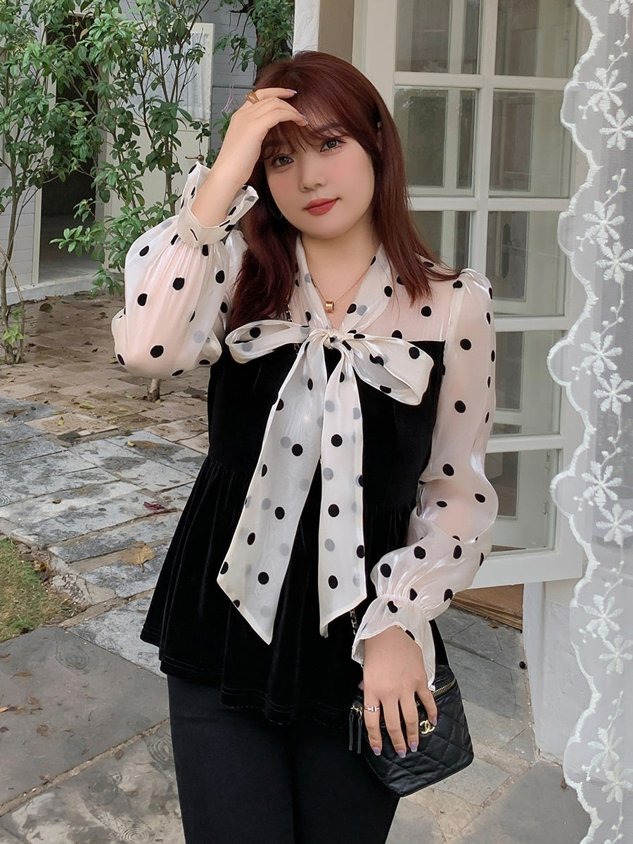 Polka Dot Stitching Lace-up Bow Dress