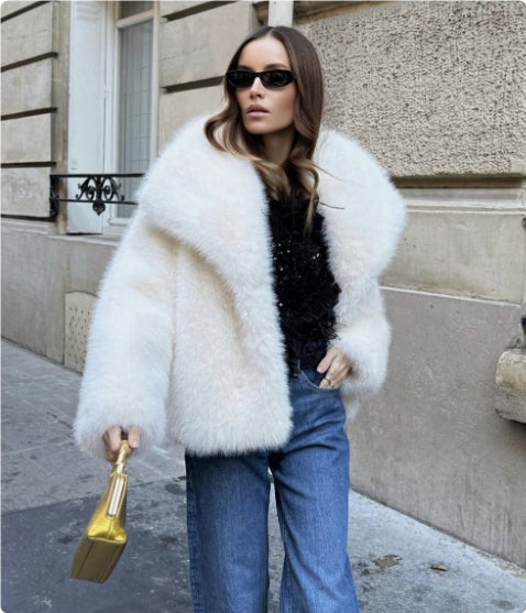 Women's Elegant Large Lapel Faux Fur Warm Coat in Black & Rice Apricot, Sizes S-XL