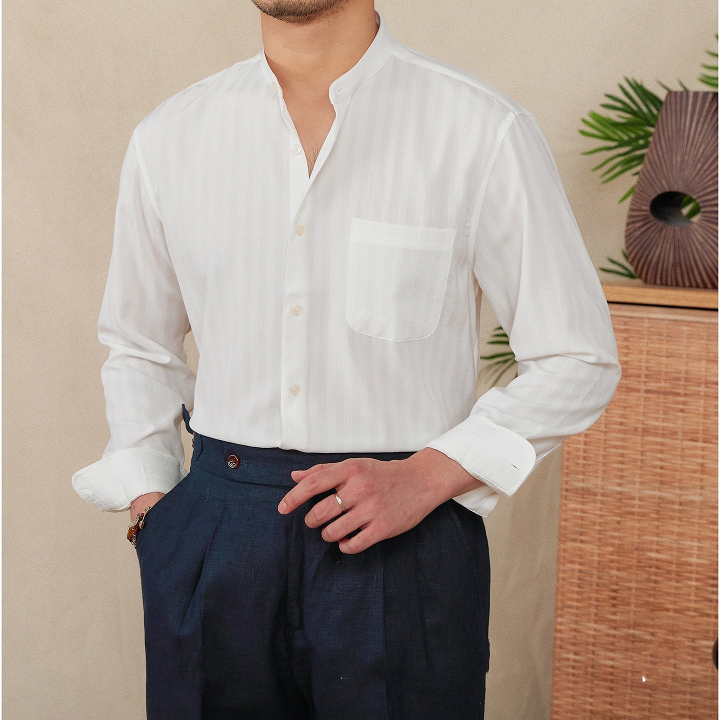 Loose Lapel Seersucker Striped Long Sleeve Shirt