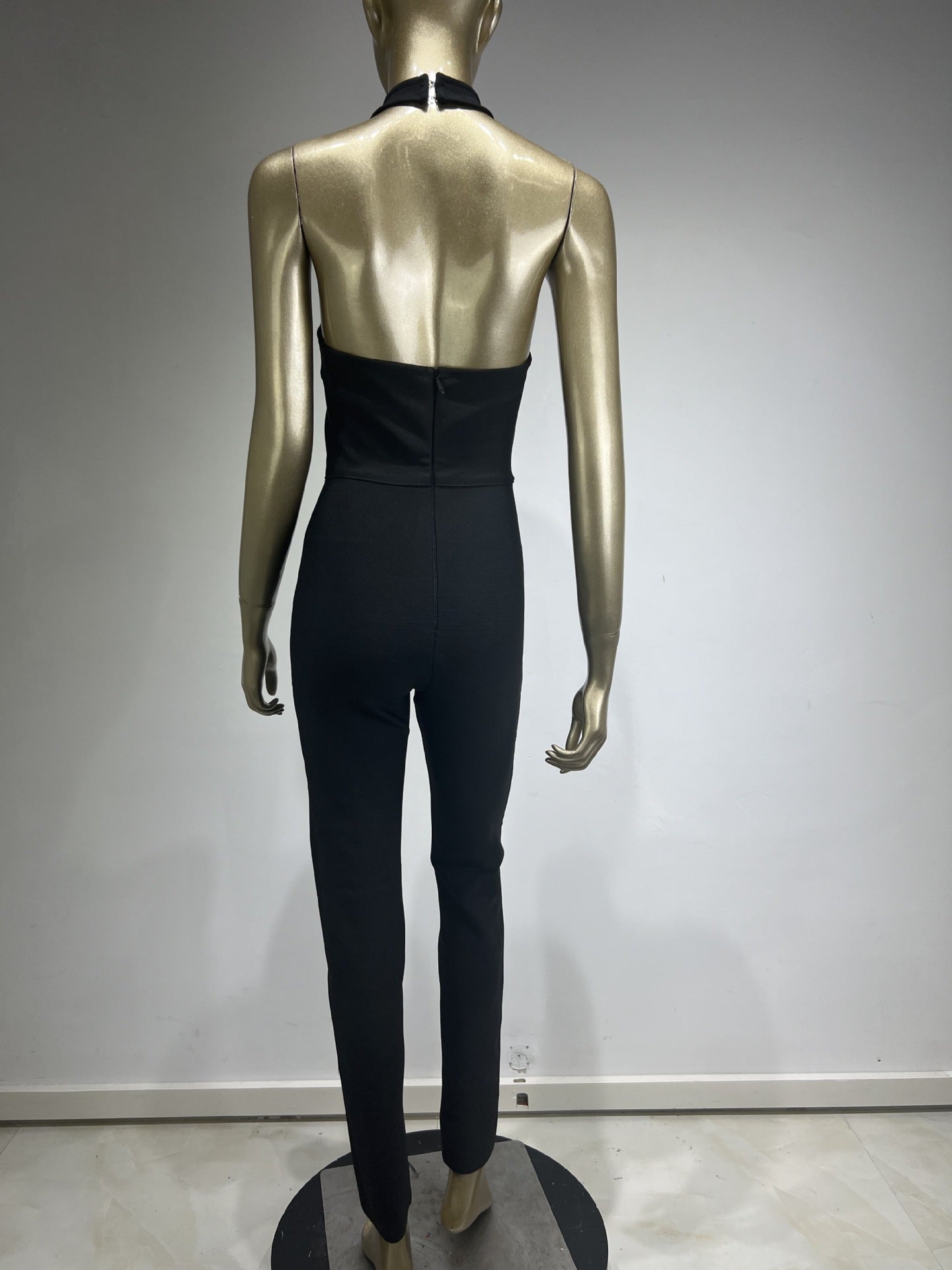 Halter Deep V Diamond Rose Tight Jumpsuit Party Dress