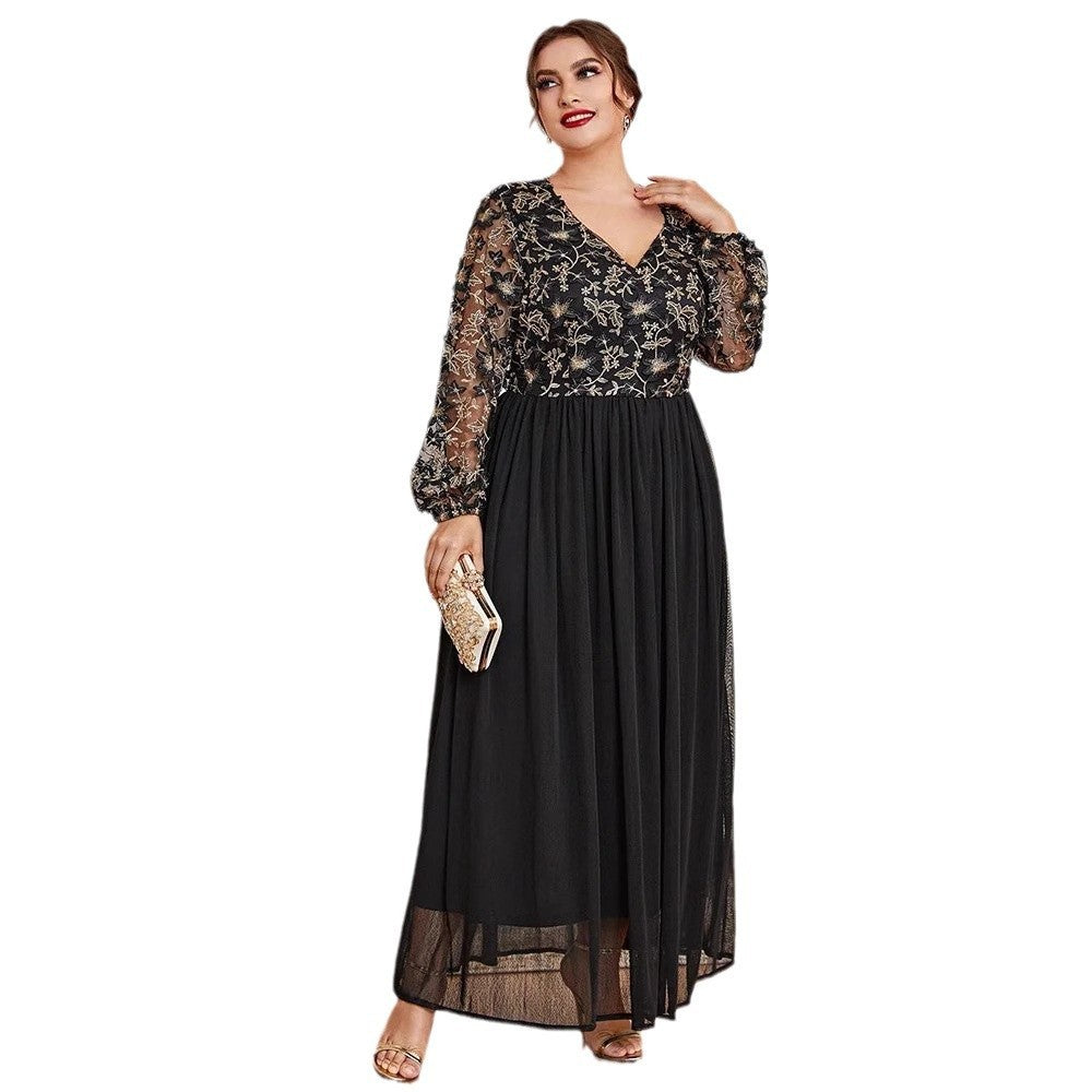 Muslim European And American Plus Size Dress V-neck Black Panel