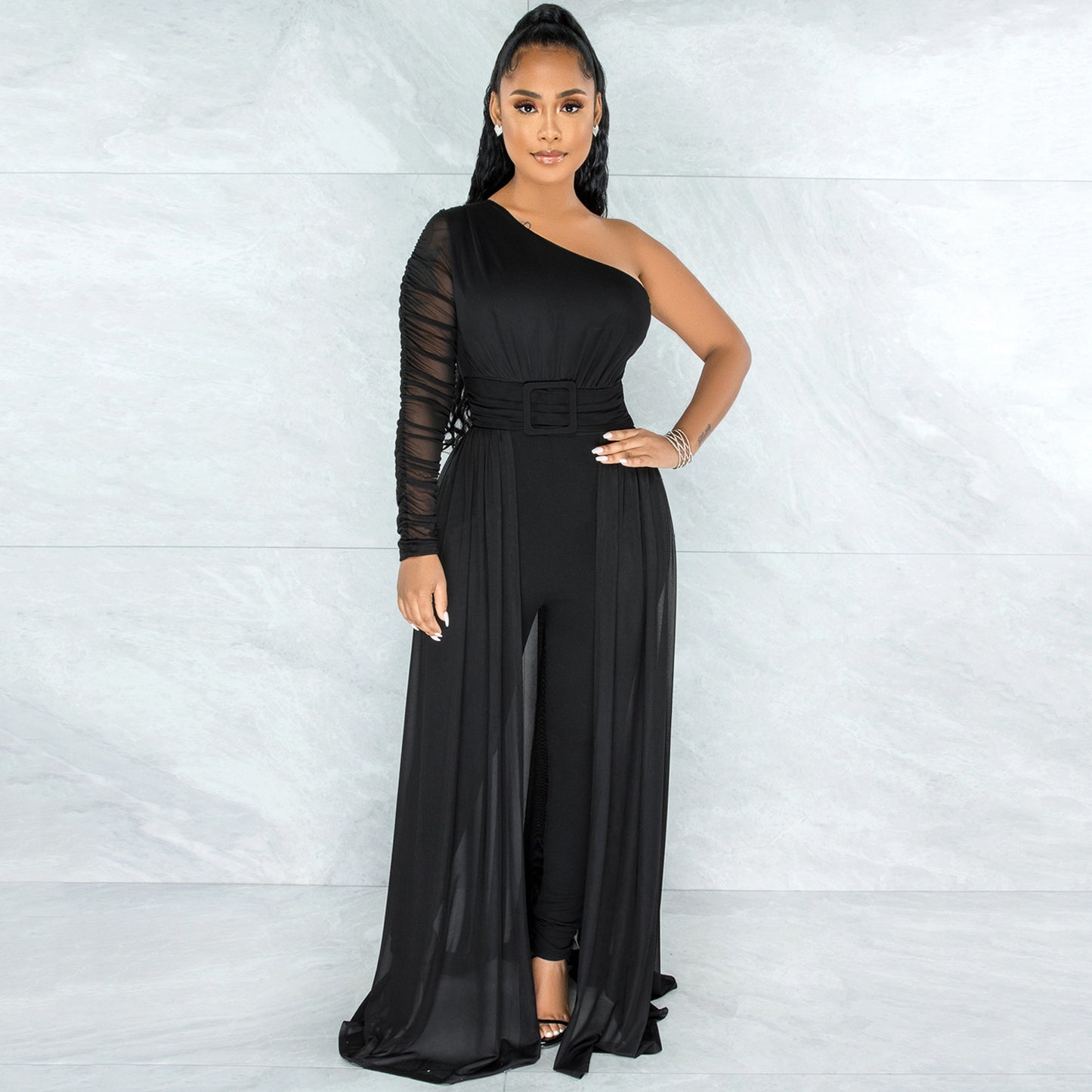 Pure Color Mesh See-through One Shoulder Long Sleeve Jumpsuit