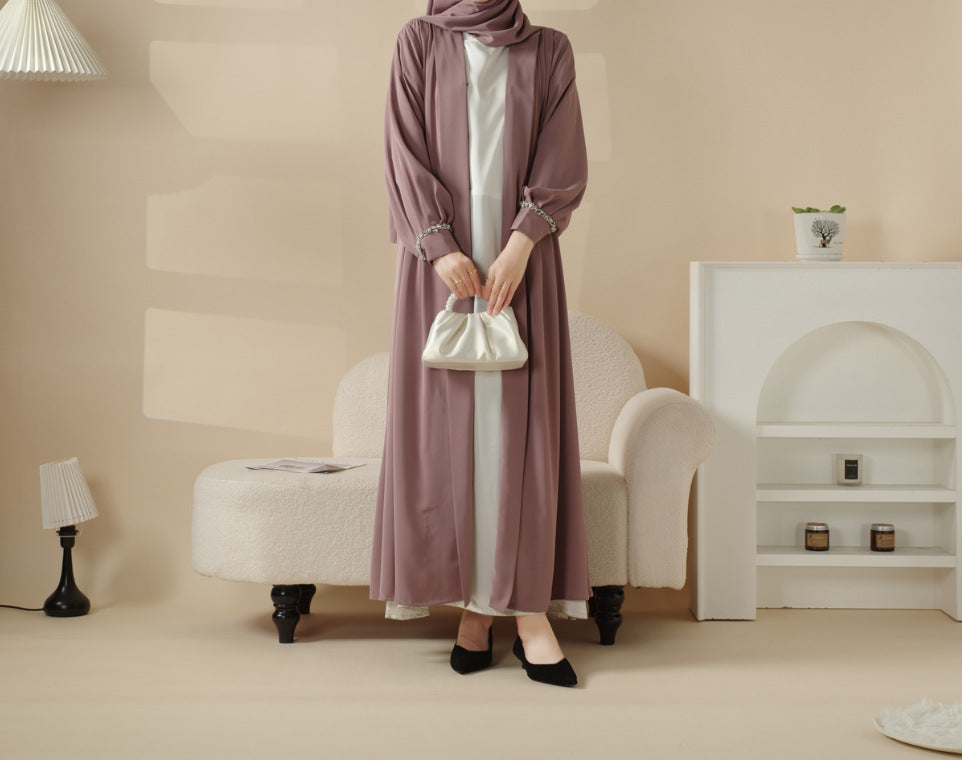 Manteau en satin du Moyen-Orient, jupe à poignets en diamant, robe