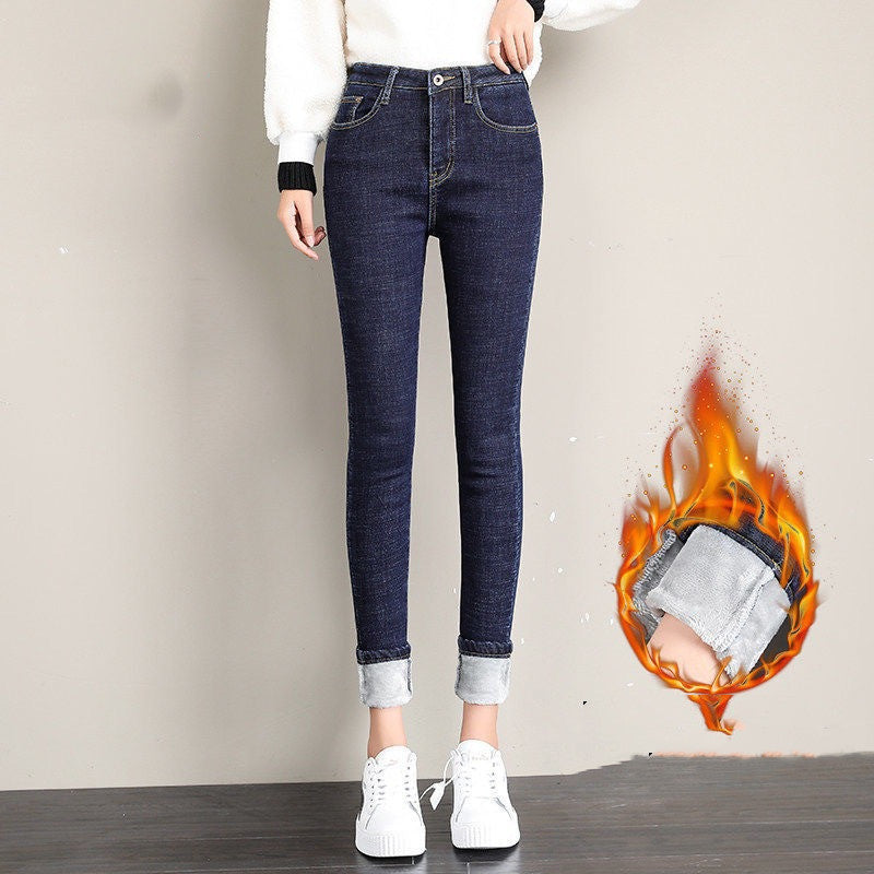 Plush Padded Jeans Women's Winter High-waisted Feet