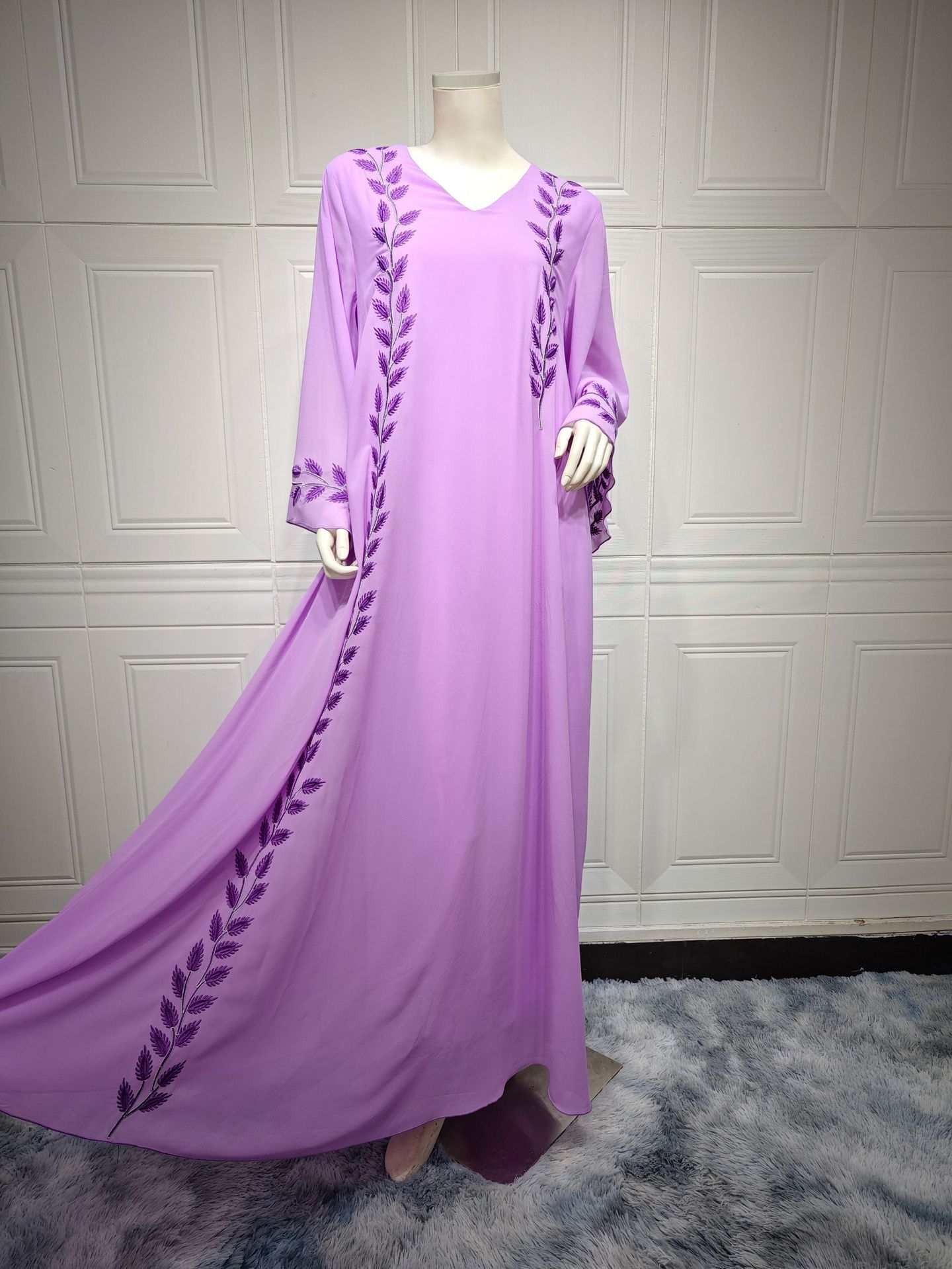 Chiffon Long Islamic Embroidered Crew Neck Dress With Headscarf