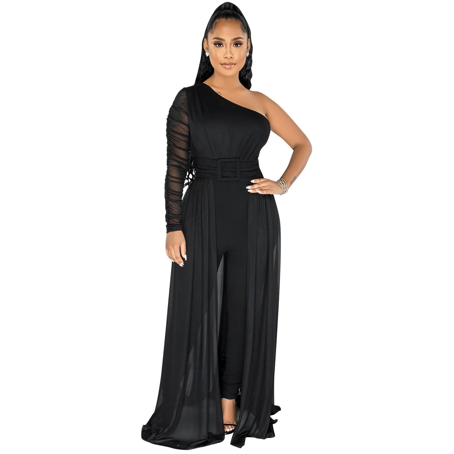 Pure Color Mesh See-through One Shoulder Long Sleeve Jumpsuit