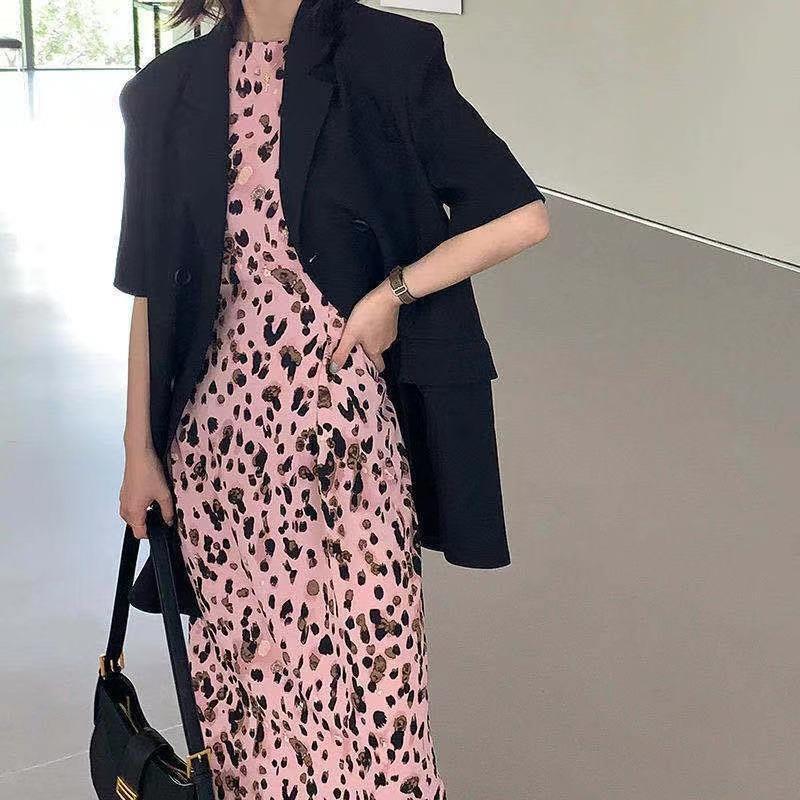 Leopard Print Puff Sleeve Dress Summer New Round Neck Lace-up Waist-controlled Slimming Temperament Split Long Dress