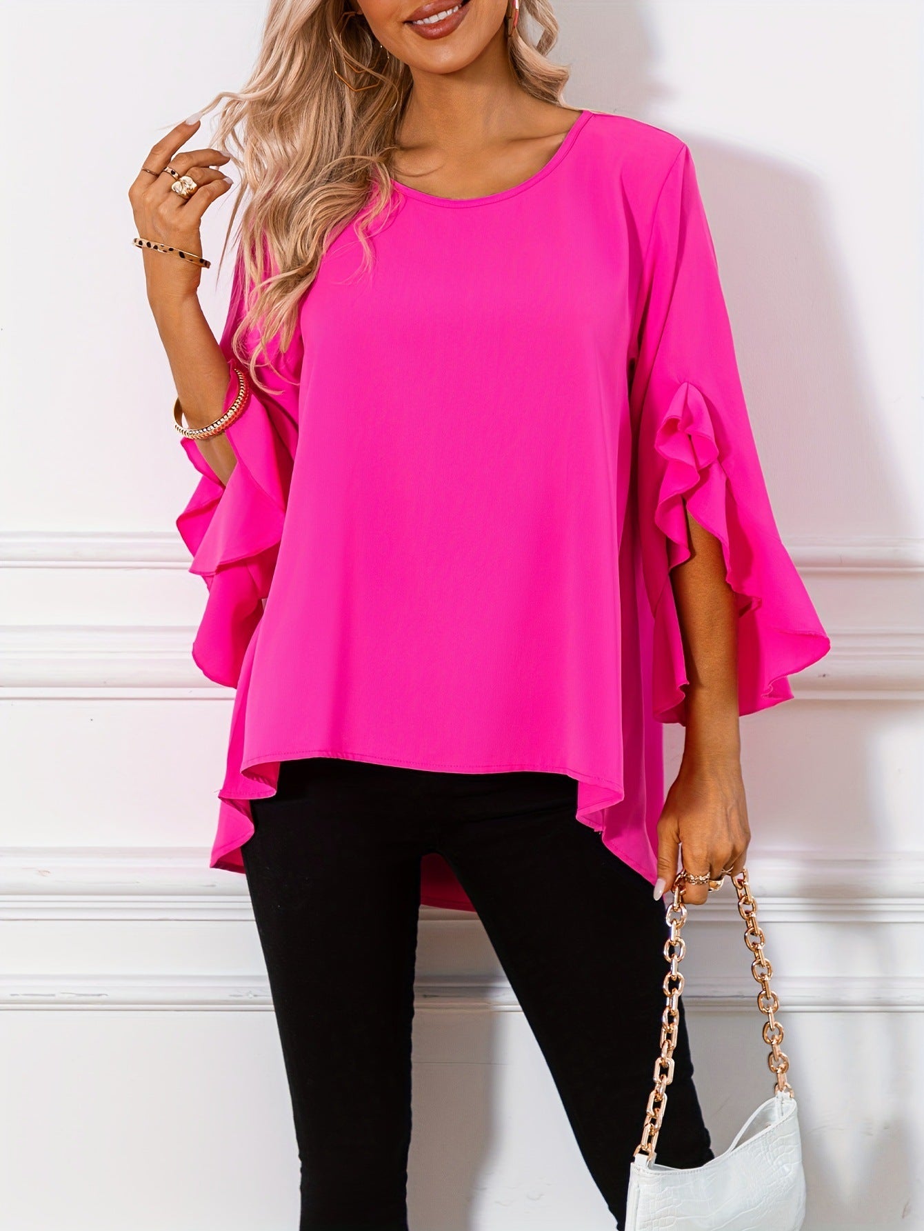 Solid Color Round Neck Shoulder Ruffle Sleeve Top