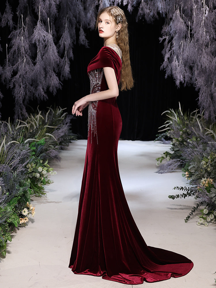Women's Wine Red Mermaid Evening Dress with U-Neck