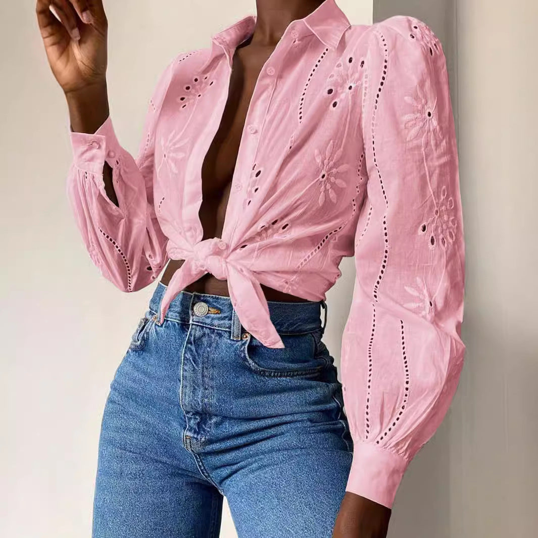 Women's Single-breasted Embroidered Long-sleeved Lapel Shirt