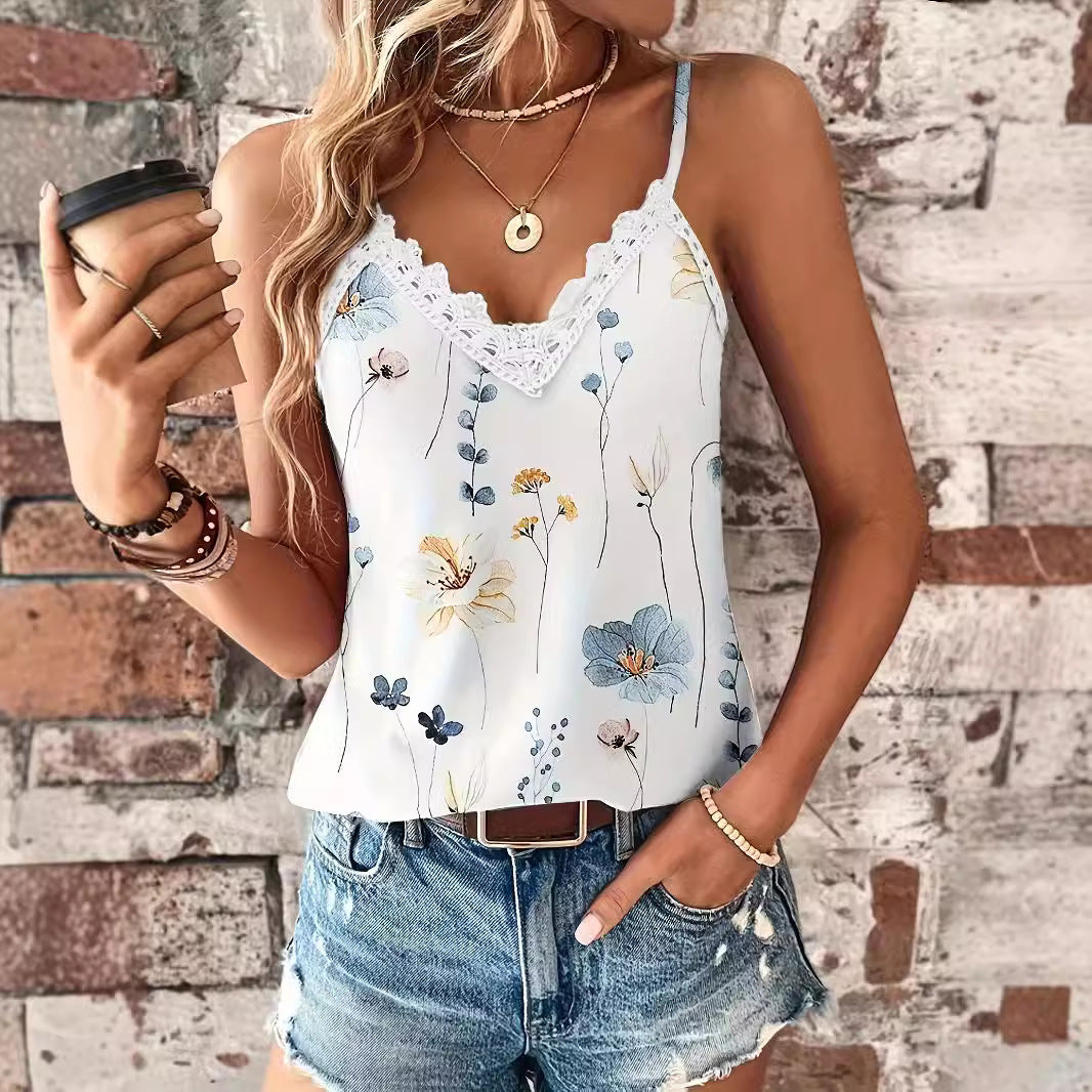 Women's European And American Style Lace Printed Lace V-neck Pullover Strap