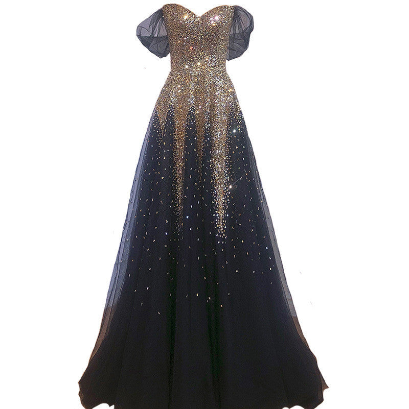 Black Gold One Word Shoulder Hosting Banquet Bride Toasting Evening Dress