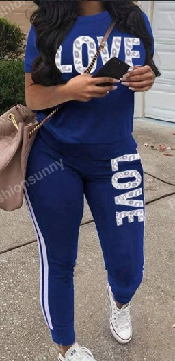 Women Casual Leopard & Letter Print Short Sleeve Top And Pants 2pcs Sports Set