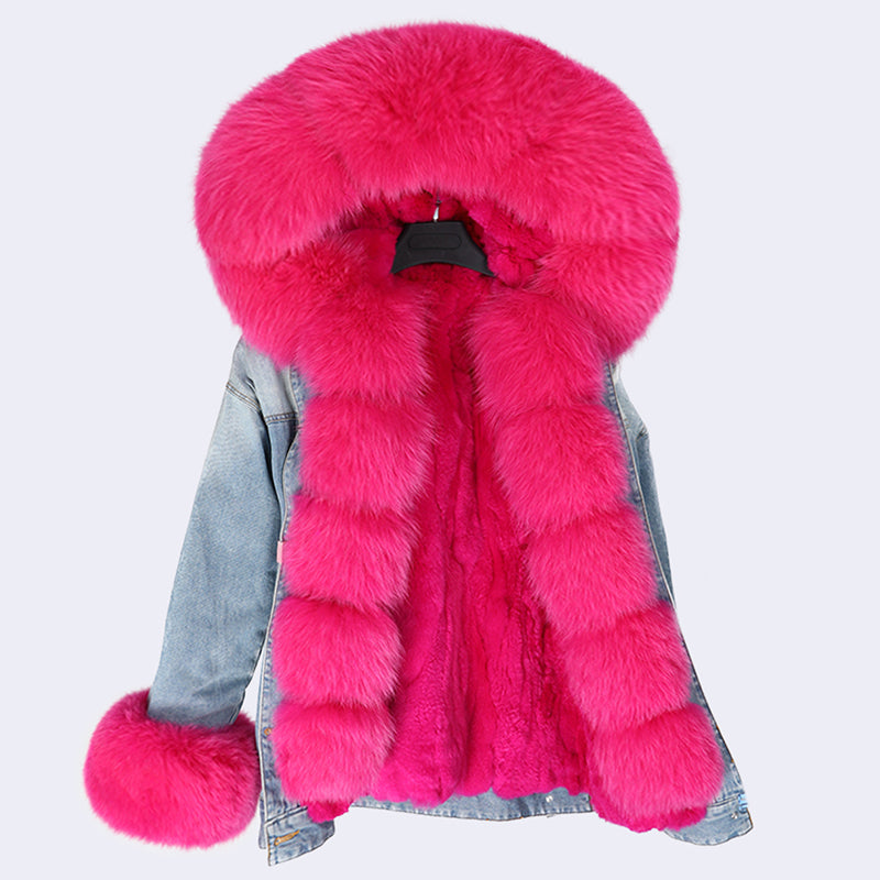 Denim Style Coat with Detachable Rabbit Hair Liner and Fur Collar