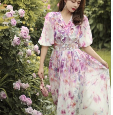 French Heavy Industry Bead Printing Waist V Neck Dress Women's Summer