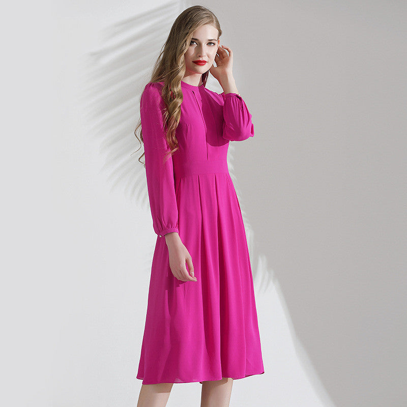 Elegant Women's Rose Long-sleeved French Chiffon Dress