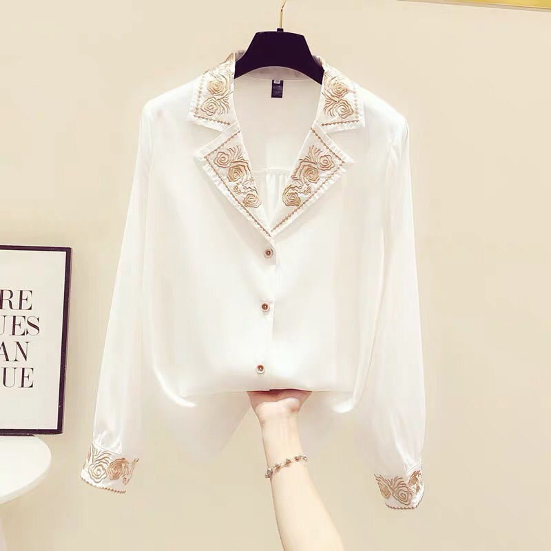 Western Style Embroidery Chiffon Long-sleeved Shirt Women's V-neck All-match Blouse