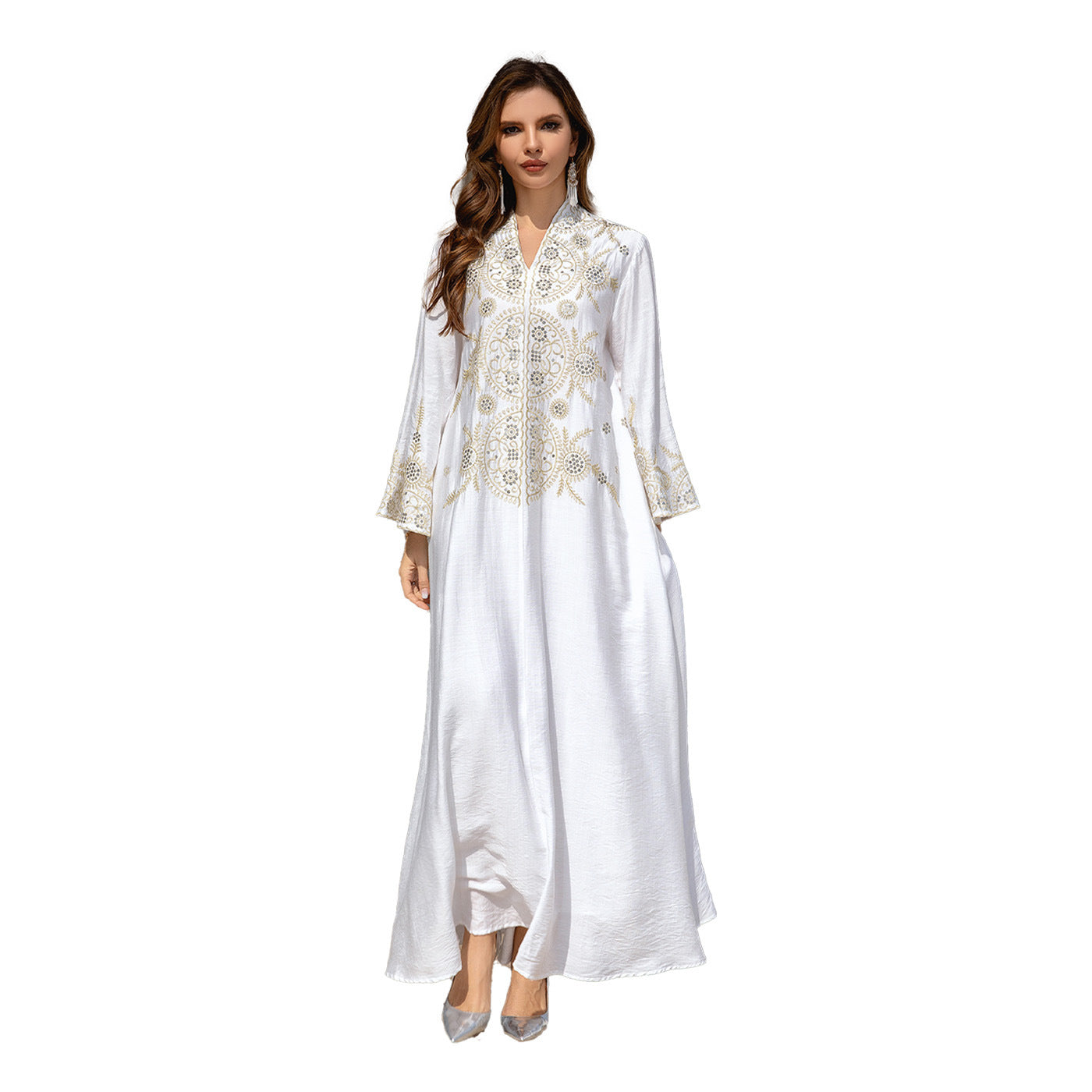 Muslim Women's Embroidered Robe Dress Long Sleeve Polyester