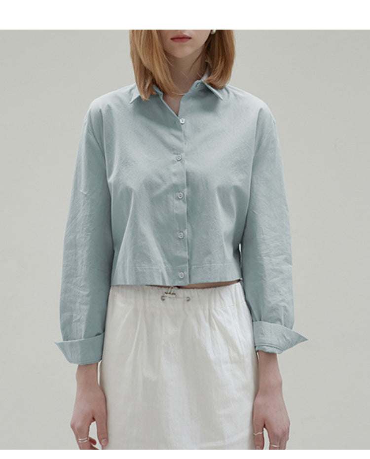 Cotton Hem Elastic Waist Slimming Solid Color Long Sleeve Shirt