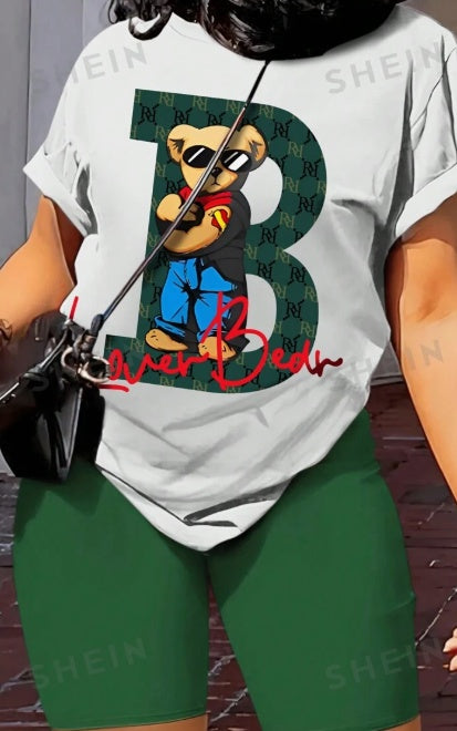 Bear Printed T-Shirt And Solid Color Shorts 2pcs Set