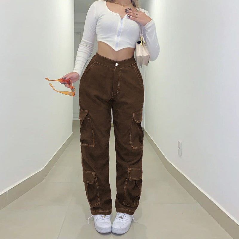 Women's Brown Straight Pants Cargo Style Multi Pocket Retro Low Waist