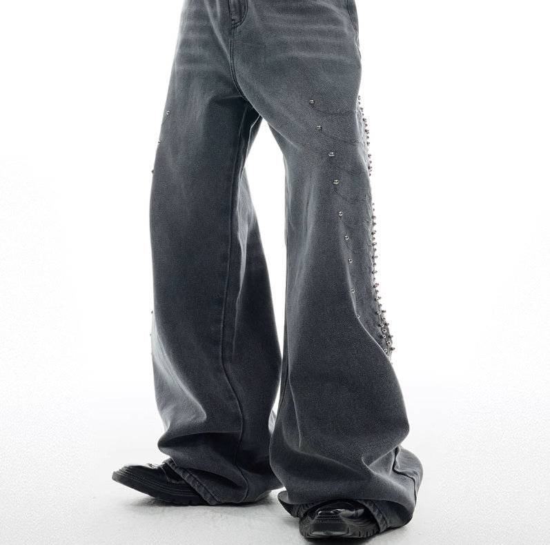 Niche Retro Washed Backbone Metal Rivet Design Jeans